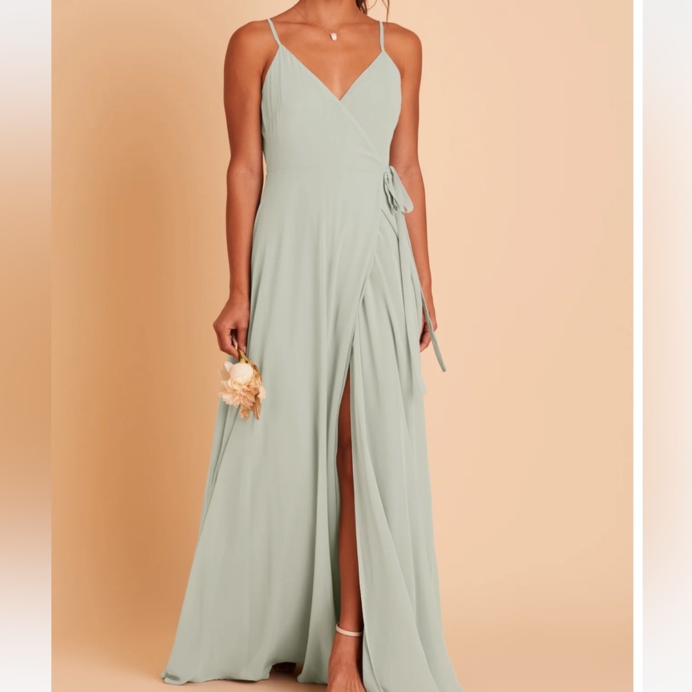 Birdy Grey brand, sage color bridesmaid dress. Ties around.